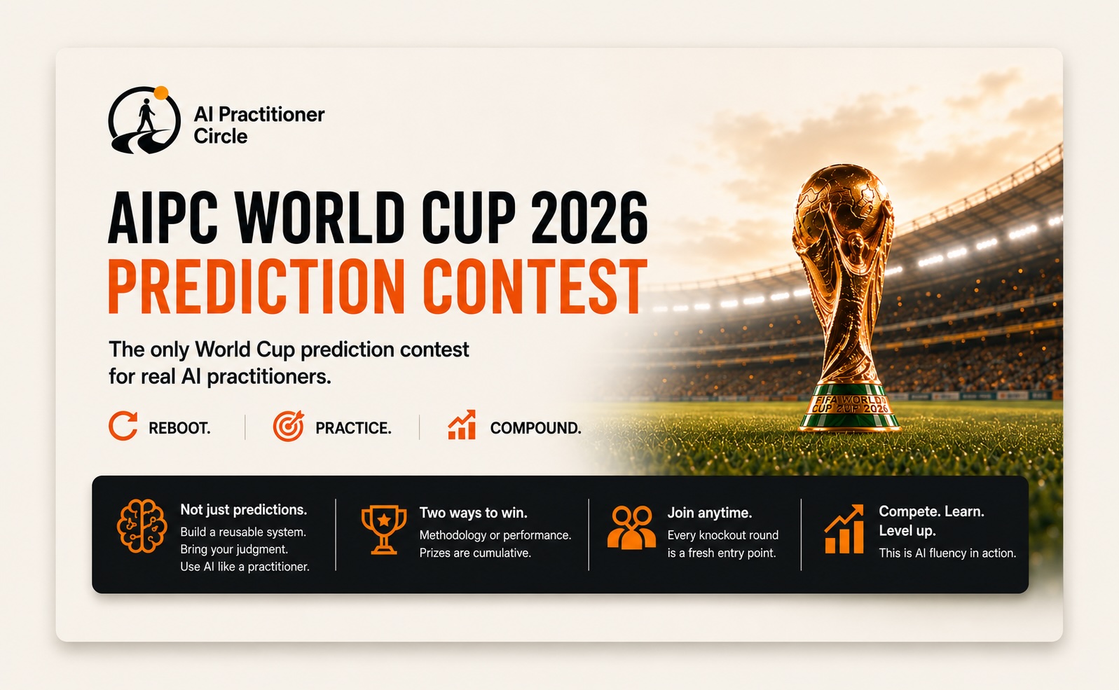 AIPC World Cup 2026 — Prediction Contest. The only World Cup prediction contest for real AI practitioners. Reboot. Practice. Compound.